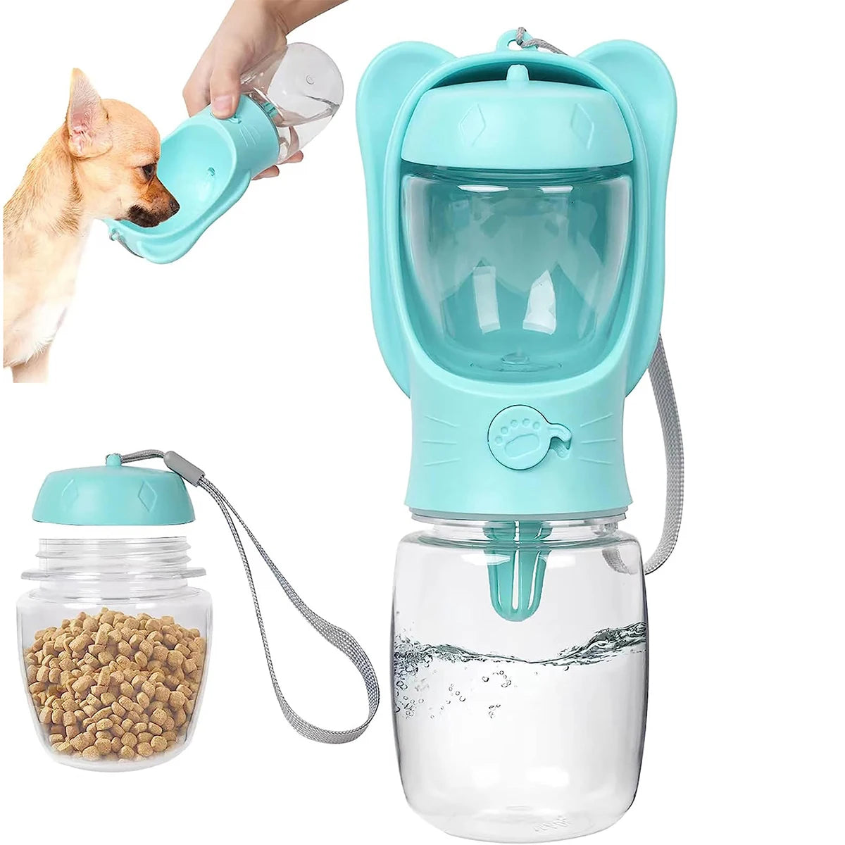 Dog Water Bottle Pet Dispenser with Detachable Food Container Leak Proof Lock for Travel Hiking