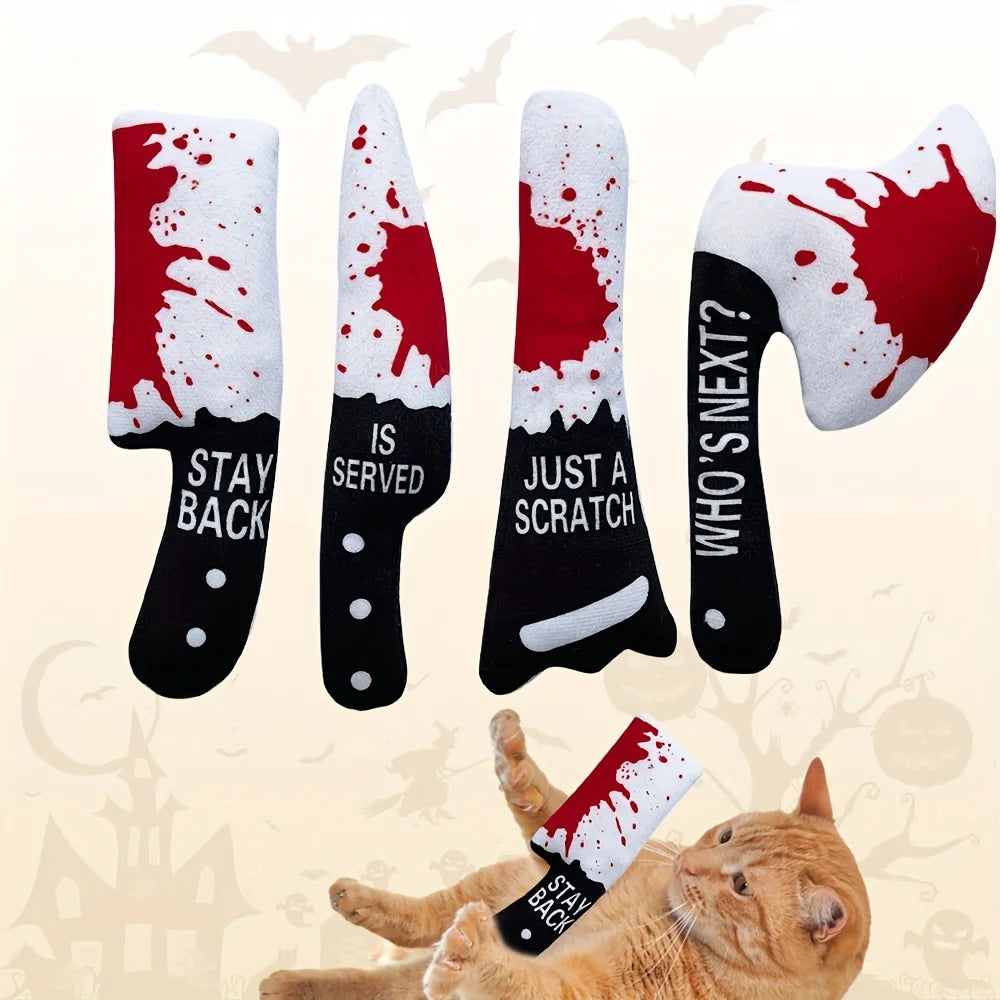 4PCS Funny Halloween Horror Plush Cat Toys Knife Cat Interactive Chew Toy for Teeth Cleaning Washable Interactive Cats Pet Toys